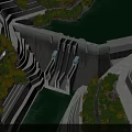 Scenic View Of Stepped Concrete Dam With Blue Water And Lush Green Trees Around