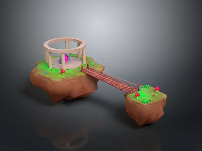 Floating Islands With Circular Pavilion Connected By Wooden Bridge Green Plants And Red Mushrooms 3d model