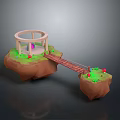 Floating Islands With Circular Pavilion Connected By Wooden Bridge Green Plants And Red Mushrooms