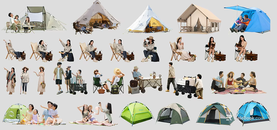 Camping Gear With Tents Folding Chairs And Picnic Supplies For Outdoor Activities 3d model 
