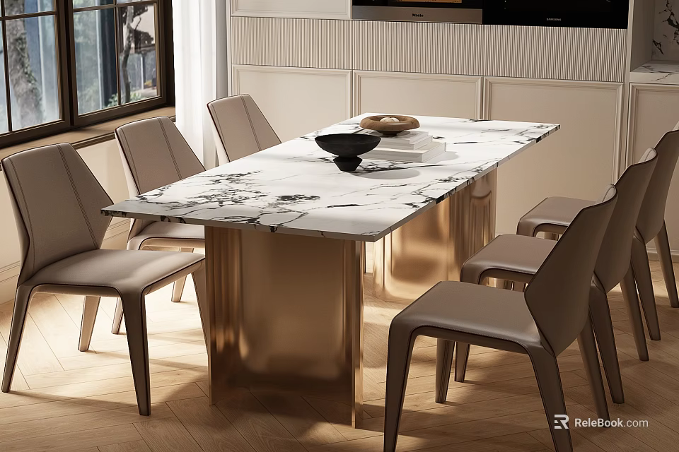 Modern Dining Table Set With Marble Top Gold Metal Legs And Light Grey Leather Chairs 3d model 