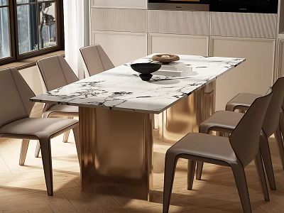 Modern Dining Table Set With Marble Top Gold Metal Legs And Light Grey Leather Chairs 3d model