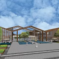 Modern Wooden Roof Building With Central Courtyard Large Glass Windows Landscaping And Parking Area