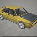 Yellow Classic Sedan Car With Black Hood And Silver Alloy Wheels On Checkered Floor