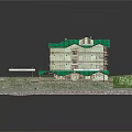 Cartoon Scene MultiStorey Building With Green Roof And Balconies Surrounded By Grass And Stone Pavement