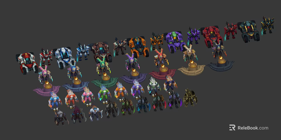 Diverse Game and Movie Characters With Colorful Designs Standing On Ornate Bases 3d model 