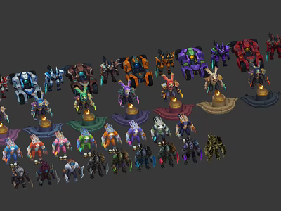 Diverse Game and Movie Characters With Colorful Designs Standing On Ornate Bases 3d model
