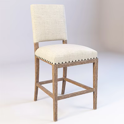 Rustic Bar Stool with Wooden Frame and Beige Fabric Seat Backrest Black Nailhead Trim 3d model