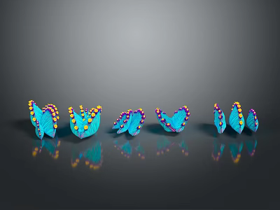 Five blue butterflies with yellow and red spots arranged on black background with reflections 3d model