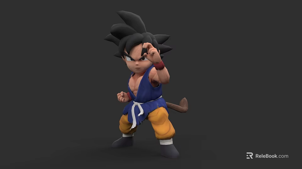 Chibi Goku Game Character In Fighting Pose With Blue Top Yellow Pants And Tail 3d model 