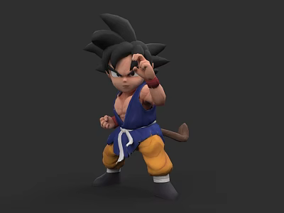 Chibi Goku Game Character In Fighting Pose With Blue Top Yellow Pants And Tail 3d model