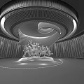 Red Spiral Sculpture Display In Circular Exhibition Hall With Warm Lighting
