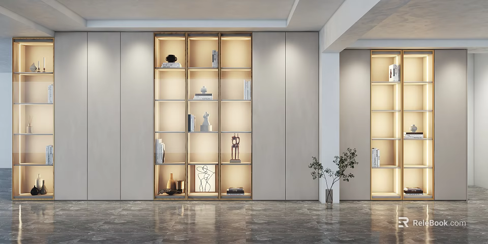 Modern Display Cabinet With Illuminated Glass Shelves And Decorative Items In Living Room Interior 3d model 