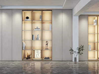 Modern Display Cabinet With Illuminated Glass Shelves And Decorative Items In Living Room Interior 3d model