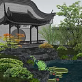 Chinese Courtyard Garden With Traditional Pavilion Pond Water Lilies Rocks And Greenery