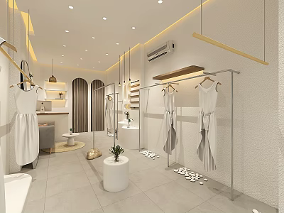 Minimalist Clothing Store Interior With White Dresses Racks Lighting And Decorative Plants 3d model