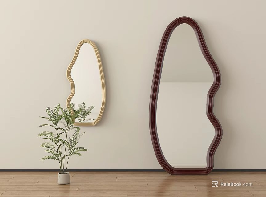 Two Unique Shaped Mirrors With Golden And Dark Red Frames Near Green Plant 3d model 