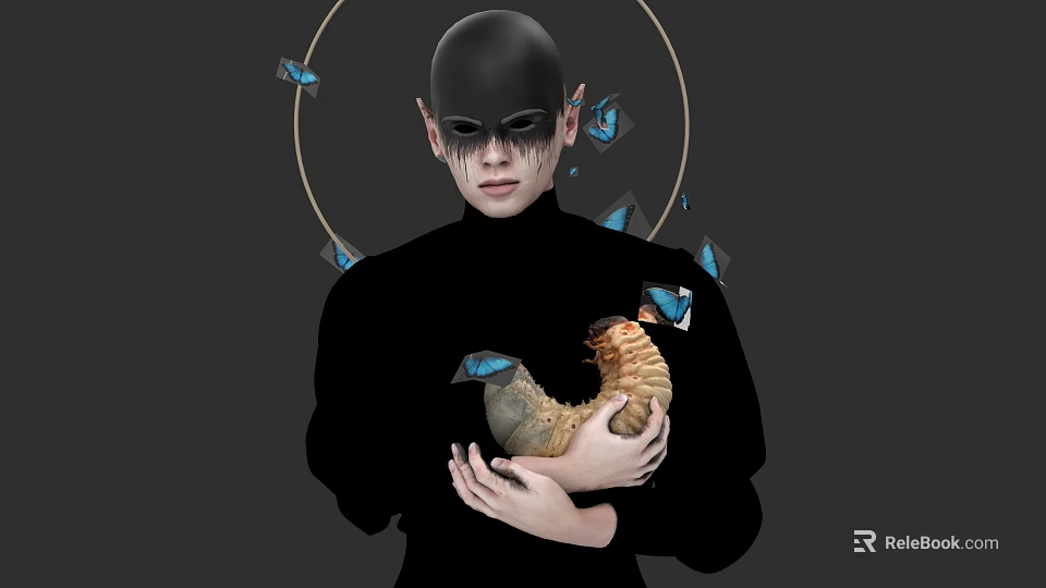A Woman In Black Outfit Holding Sculptural Object With Blue Butterflies And Gold Circle 3d model 