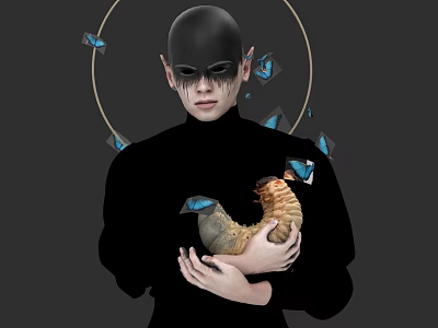 A Woman In Black Outfit Holding Sculptural Object With Blue Butterflies And Gold Circle 3d model