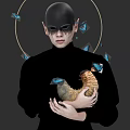 A Woman In Black Outfit Holding Sculptural Object With Blue Butterflies And Gold Circle
