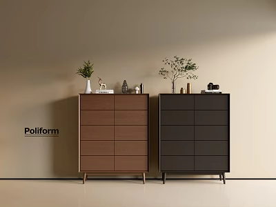 Modern Poliform Entryway Console Cabinet In Brown Black Finish With Plants Ornaments On Beige Wall 3d model