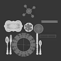 Elegant Tableware Set with White Plates Silver Cutlery Goblet Fruit Bowl and Candle Holder