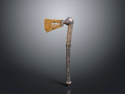 Vintage Axe Weapon With Wooden Head And Carved Handle On Dark Background 3d model