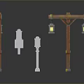 Outdoor Decorative Furniture With Brown Wooden Posts White Signposts And Hanging Lanterns