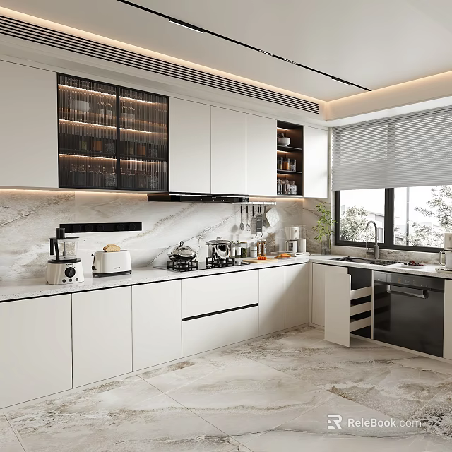 Modern Kitchen Interior With White Cabinets Marble Countertop Glass Front Cabinets And Appliances Near Window 3d model 