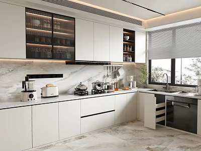 Modern Kitchen Interior With White Cabinets Marble Countertop Glass Front Cabinets And Appliances Near Window 3d model
