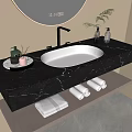 Modern Bathroom Cabinet Rack With Black Marble Countertop White Basin Faucet And Towels On Shelf