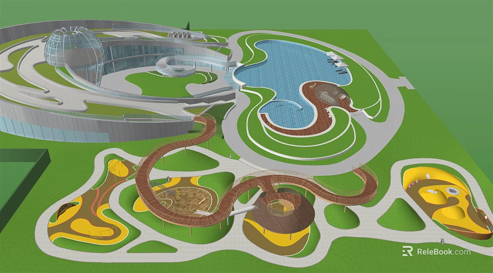 Modern Park Landscape Design With Winding Pathways Water Pool And Green Lawns 3d model 