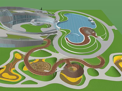 Modern Park Landscape Design With Winding Pathways Water Pool And Green Lawns 3d model