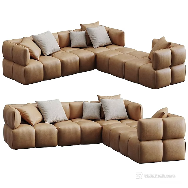 Modern Brown Sectional Sofa With Modular Block Design And Accent Pillows 3d model