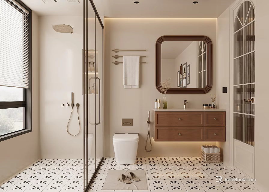 Modern Bathroom Interior With Glass Shower Brown Vanity Framed Mirror And Black White Tiled Floor 3d model 