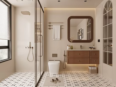 Modern Bathroom Interior With Glass Shower Brown Vanity Framed Mirror And Black White Tiled Floor 3d model