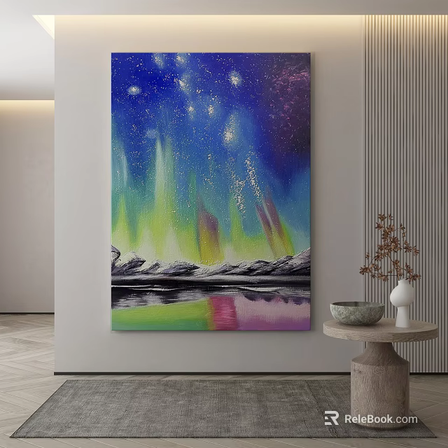 Abstract Painting With Starry Sky Colorful Aurora Lights And Mountain Water Reflection 3d model 