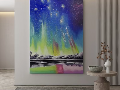 Abstract Painting With Starry Sky Colorful Aurora Lights And Mountain Water Reflection 3d model