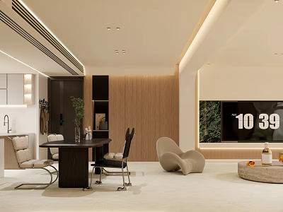 Modern Living and Dining Room Interior Design with Dining Table Chairs TV Wall and Decorative Lighting 3d model