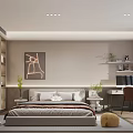 Modern Minimalist Bedroom Interior With Platform Bed Built In Bookshelves And Warm Lighting