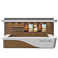 Modern Wooden Reception Desk For Abuelita Coffee With Menu Posters On Wall