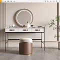 Modern Minimalist Dressing Table With Round Mirror White Top Drawers And Brown Padded Stool