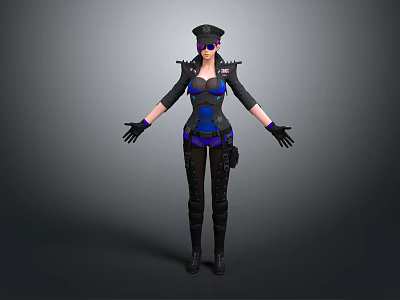 Female Police Character in Black and Blue Uniform with Hat Sunglasses and Gear 3d model