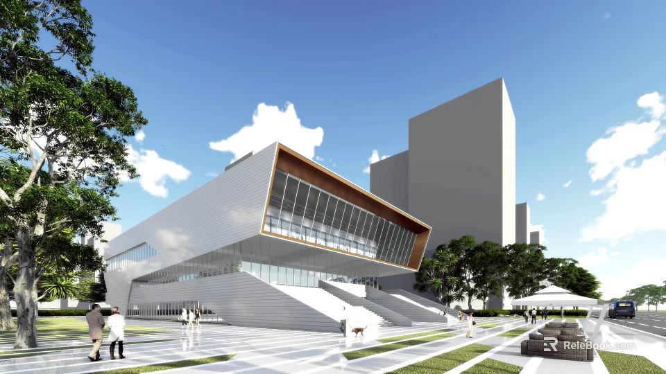 Modern Sales Office Building Featuring Angular Design Large Glass Windows Trees And Open Plaza 3d model