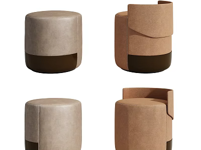 Modern Round Ottoman Designs in Beige and Brown Leather with Stitching Details 3d model