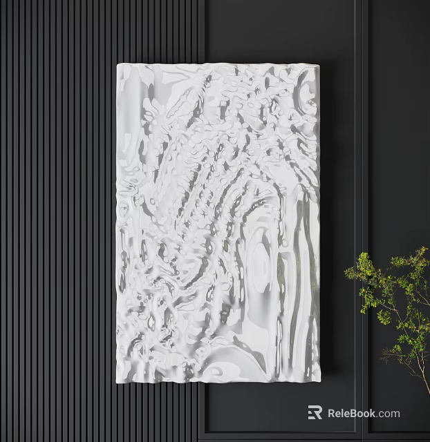 White Textured Sculptural Wall Decor on Dark Background With Green Plant Accent 3d model 