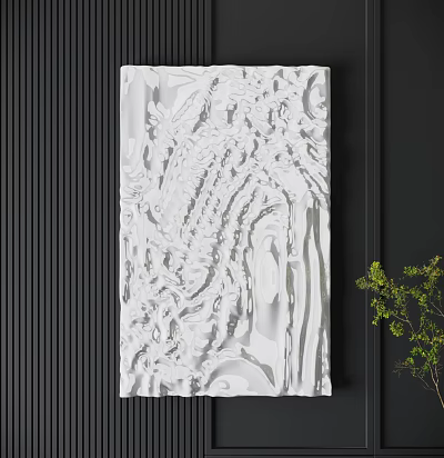 White Textured Sculptural Wall Decor on Dark Background With Green Plant Accent 3d model