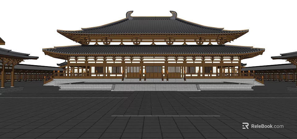 Traditional Chinese Ancient Architecture With Large Wooden Roof Curved Eaves And Stone Steps 3d model 
