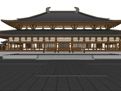 Traditional Chinese Ancient Architecture With Large Wooden Roof Curved Eaves And Stone Steps 3d model