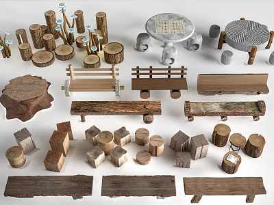 Natural Wooden Garden Decor With Tree Stumps Benches Tables And Logs 3d model